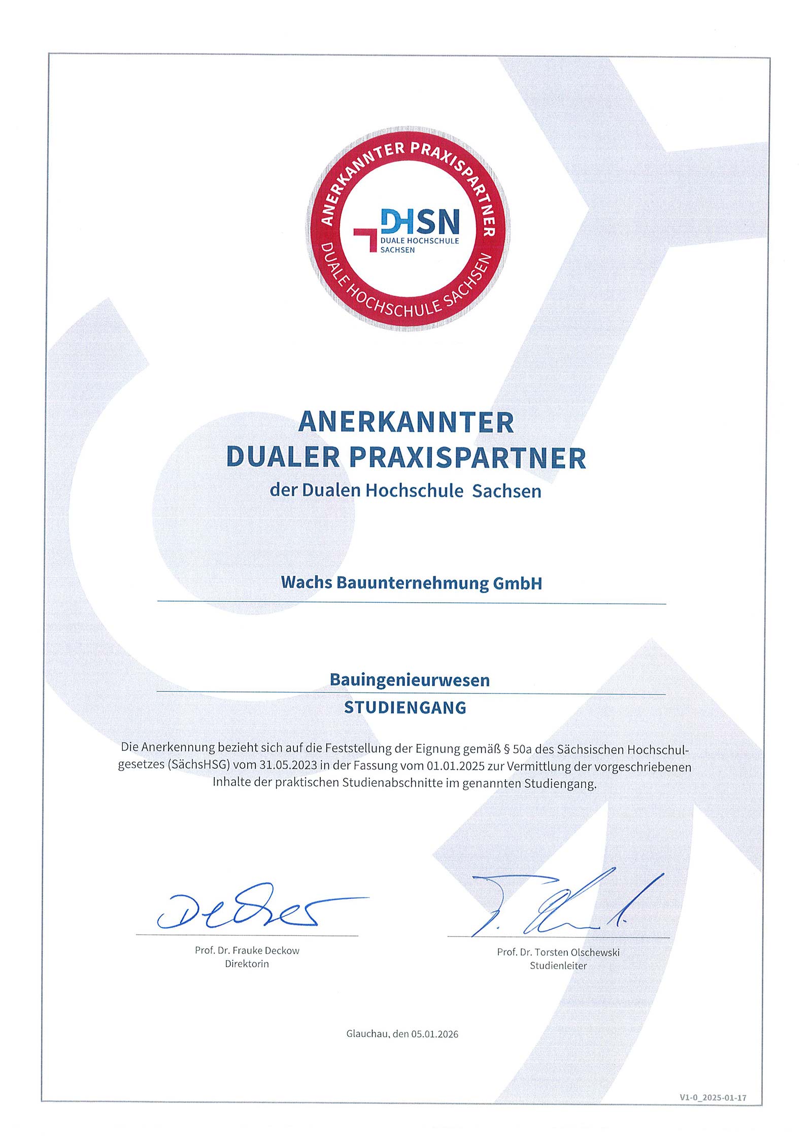 Nachweis: Anerkannter Dualer Praxispartner - Bauingenieurwesen